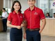 Mẫu Áo Sơ Mi Đồng Phục Tay Ngắn Màu Đỏ Phối Viền Trắng