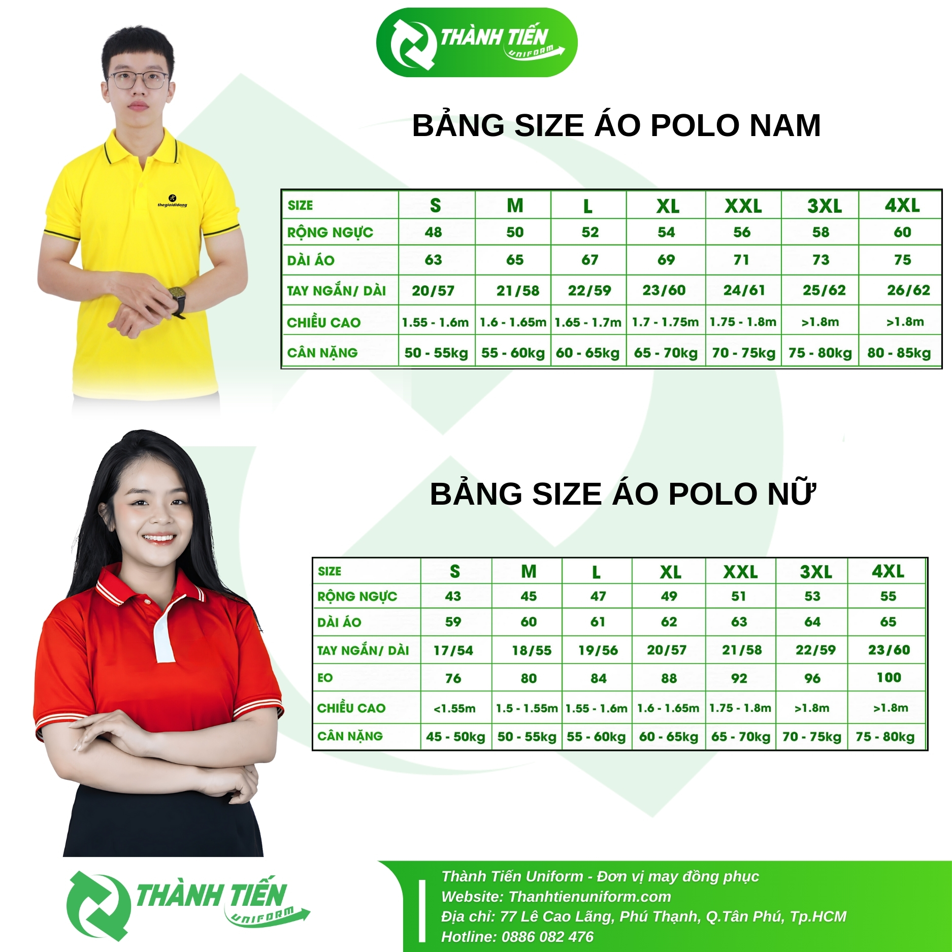 Bảng size áo thun polo đồng phục công ty