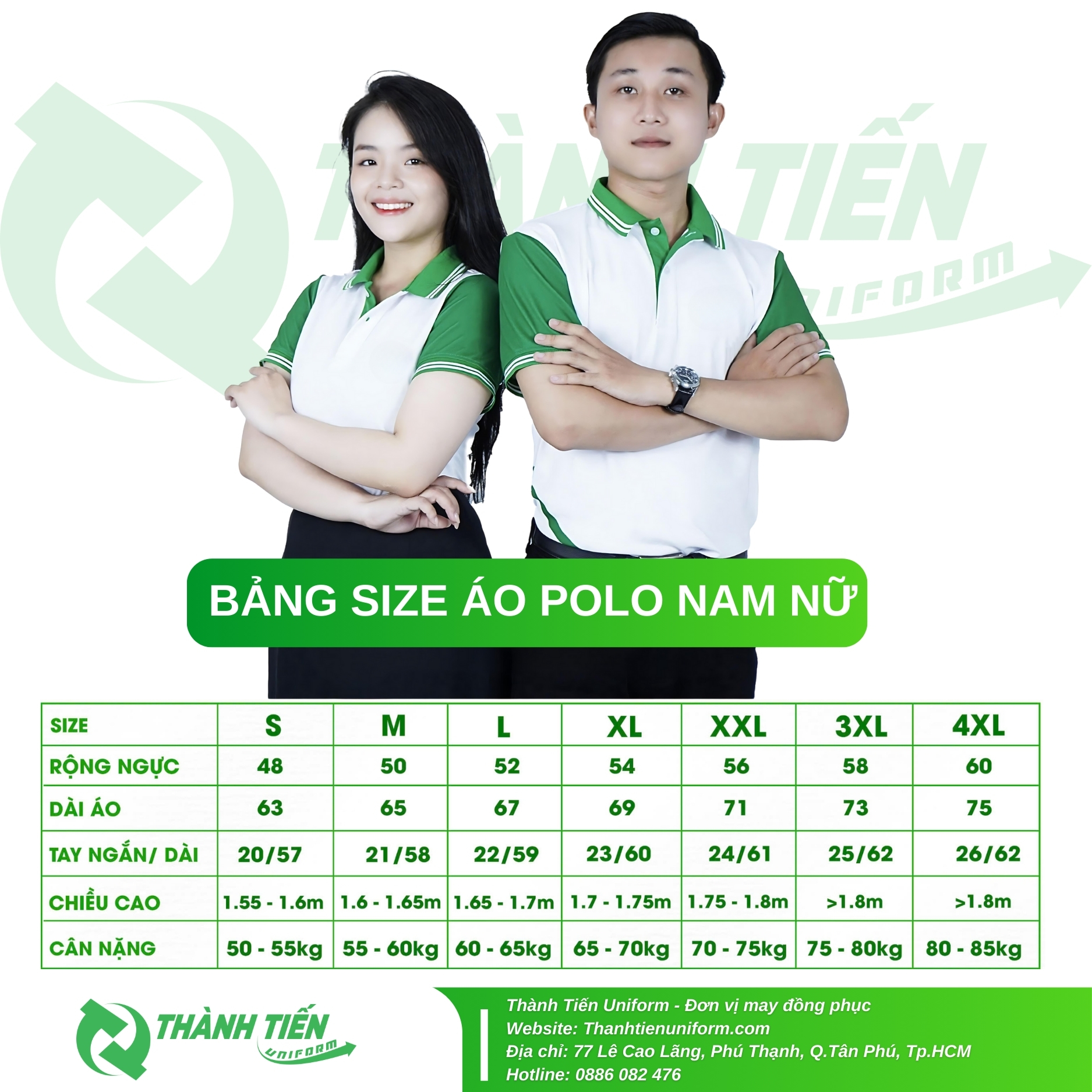 Bảng size áo polo nam nữ đồng phục ngành bưu điện