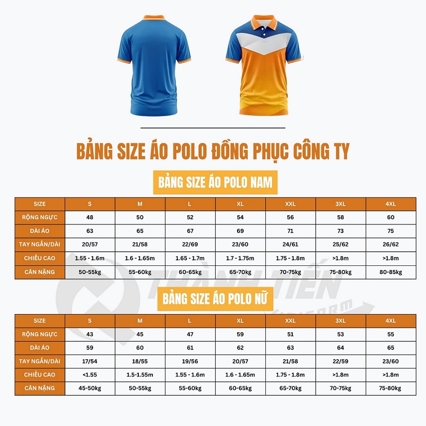 Bảng size &aacute;o polo đồng phục c&ocirc;ng ty cam xanh trắng