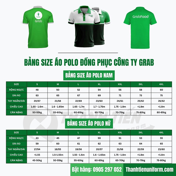 Bảng size &aacute;o polo đồng phục c&ocirc;ng ty grab