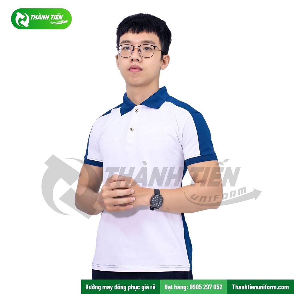Mẫu áo thun polo đồng phục công ty trắng xanh