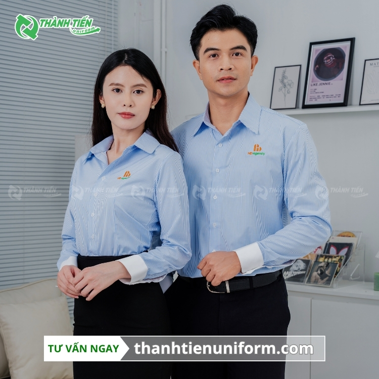 Mẫu Đồng Phục Áo Sơ Mi Dài Tay Màu Xanh Kẻ Sọc