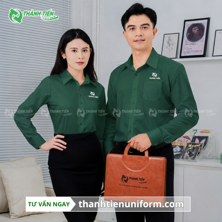Mẫu Áo Sơ Mi Đồng Phục Công Sở Màu Xanh Rêu