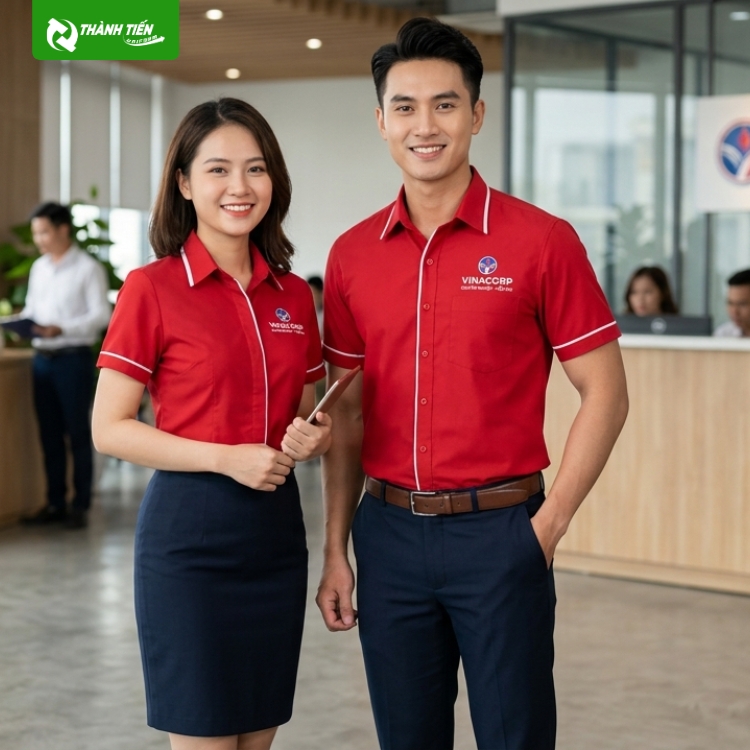 Mẫu Áo Sơ Mi Đồng Phục Tay Ngắn Màu Đỏ Phối Viền Trắng